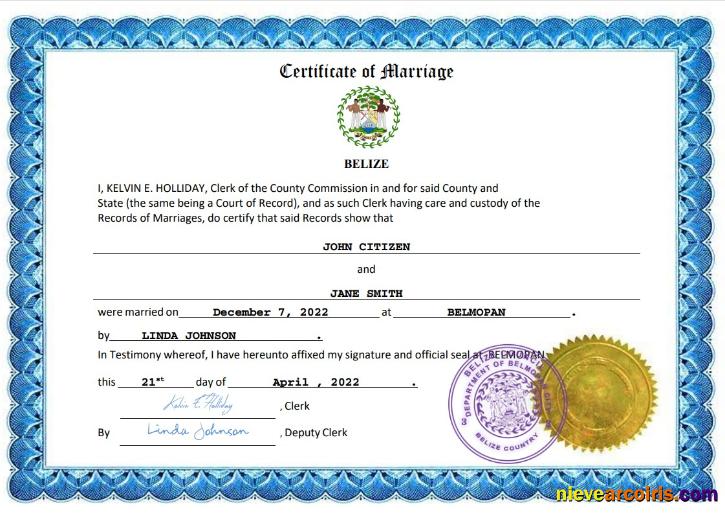 Belize marriage certificate